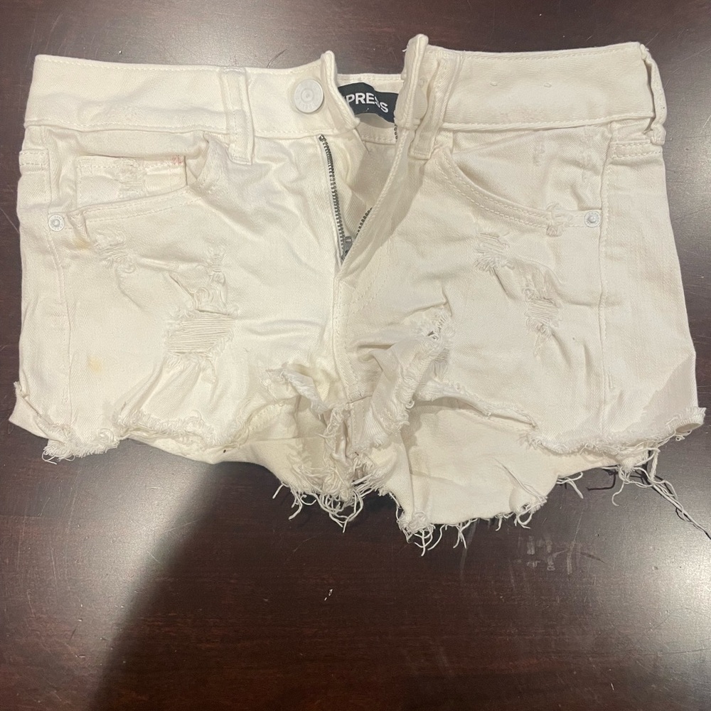 Express Cream Distressed Jean Shorts